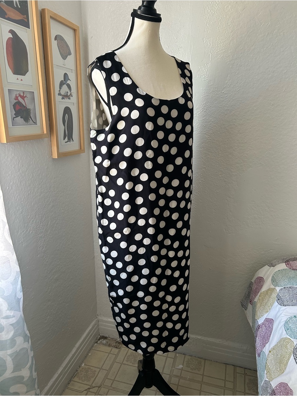 100% Silk Black and White Polka Dot Sleeveless Shift Dress